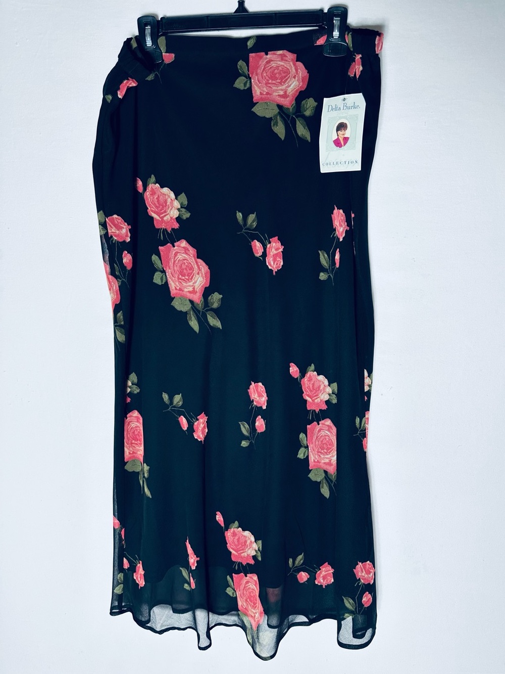 Vintage 90s Delta Burke Black Pink Floral Midi Skirt 16W Cottagecore Romantic